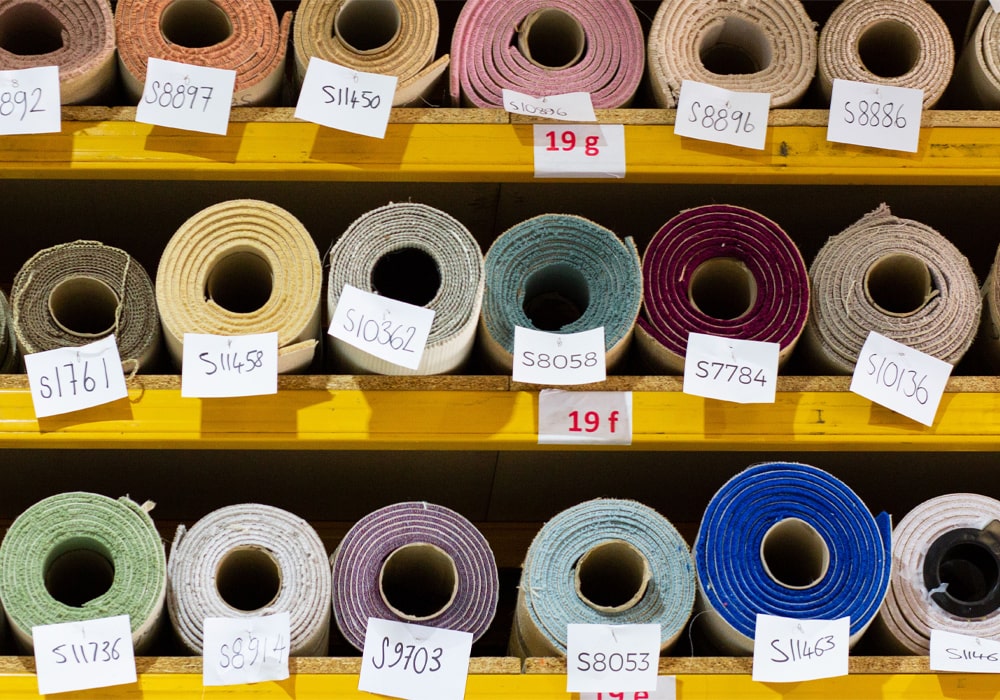 A selection of carpet remnants in our warehouse